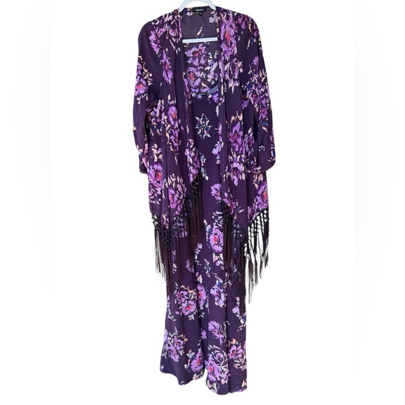 Torrid Purple Floral Challis Trapeze Maxi Dress And Fringe Kimono size 0/L/10 - Picture 1 of 11